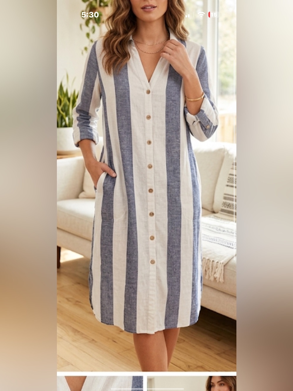 Blue Island Striped Linen Rayon Shirt Dress Midi XS Casual Summer